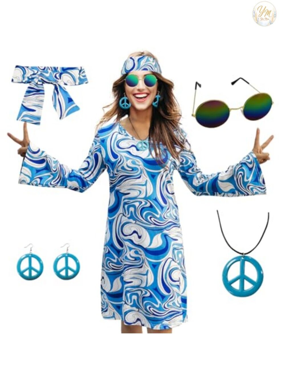 Womens 70s Hippie Disco Costume Dress Set Sunglasses Headband Peace Jewelry